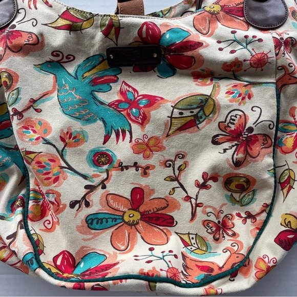Lucky Brand Large Floral Bird Canvas Hobo Bag Tote Purse Bright Colorful VGUC - Picture 3 of 16